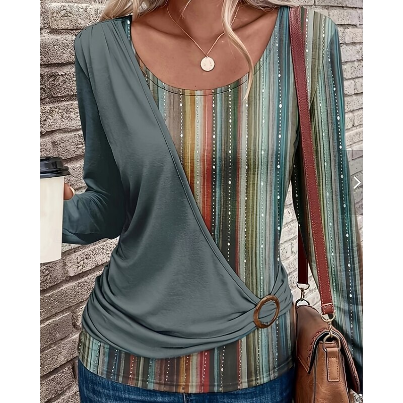 Women's Blouse Graphic Stylish Long Sleeve Crew Neck Regular Tops Daily Holiday Going out Patchwork Blue Brown Green Spring Fall