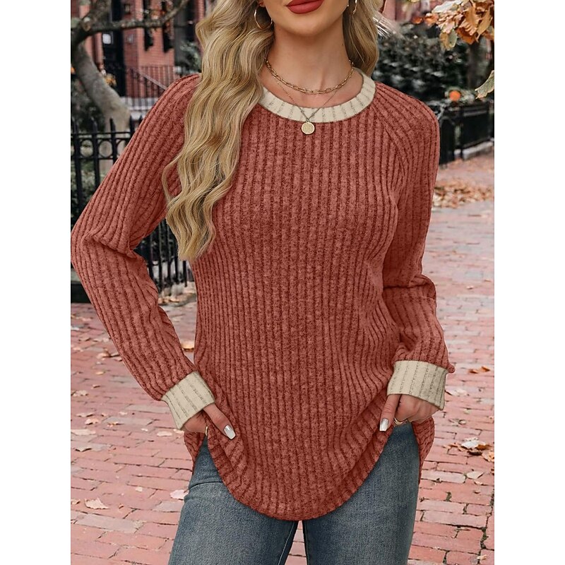 Women's Blouse Solid Color Stylish Casual Long Sleeve Crew Neck Regular Tops Daily Patchwork Black Brown Green Apricot Spring Fall Winter4