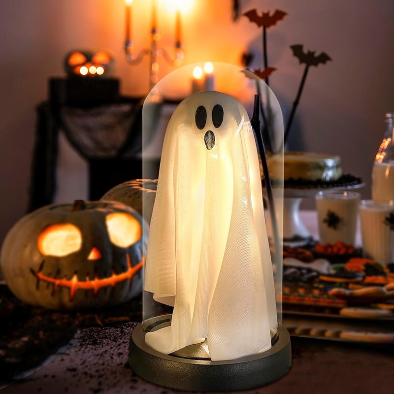 1Pack Halloween Decor-Halloween Decorations Indoor-Light Up Ghost in Plastic Cloche-Cute Ghost with Light for Home Kitchen Mantel Tabletop Party Decor and Holiday Decorations