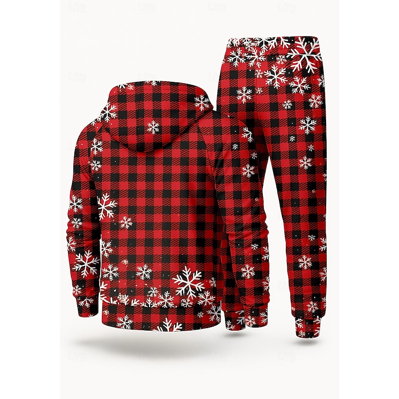 Christmas Men's Hoodie Tracksuit 2 Piece Tracksuit Drawstring Zip Up Plaid Checkered Clothing Suit Fall Red Vocation Outdoor Travel Lightweight Fashion Long Sleeve Sport Activewear Stretchy Regular2