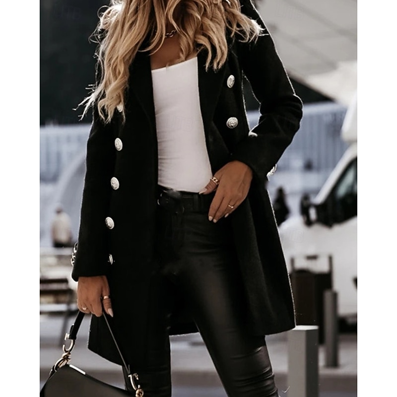 Women's Casual Jacket Warm Comfortable Pocket Buttons Fashion Outdoor Plain Going out Weekend Single Breasted Regular Lapel Regular Fit Long Sleeve Outerwear Black White Khaki Fall Winter4