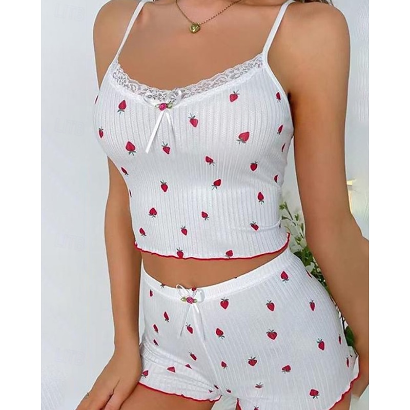 Women's Pajamas Loungewear Pajama Set Casual Fruit Lace Backless Strap Top Shorts Home Daily Bed Sleeveless Black Pink Blue Beige Summer Spring Regular Fit3