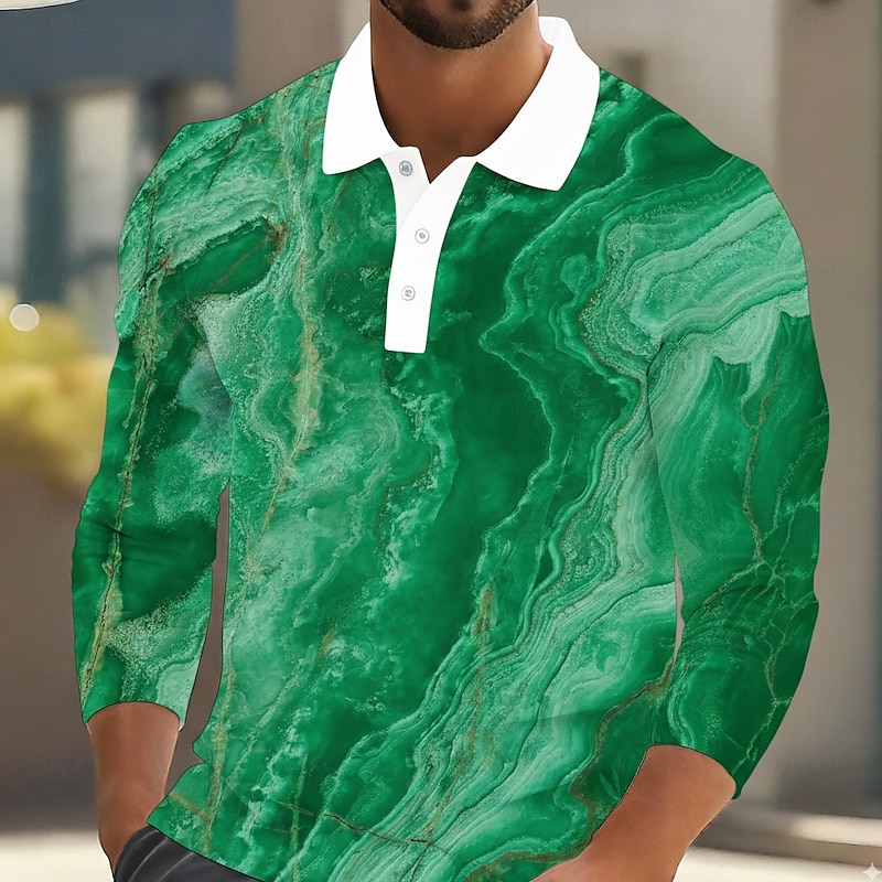 Men's Abstract Marble Polo Long Sleeve Polo Shirts Lapel Casual Outdoor Street Athleisure Daily Wear 3D Print Buttons Spring Fall Winter Blue Sky Blue Green2