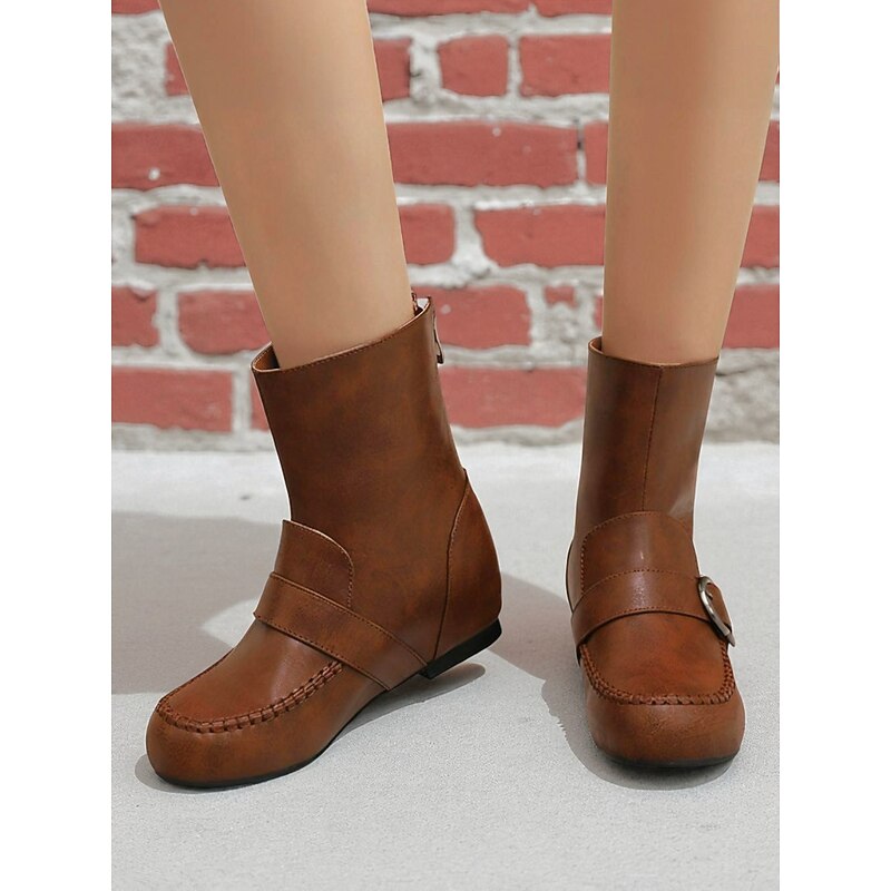 Women's Brown Wide Fit Faux Leather Ankle Boots with Metal Buckle Detail, Stylish and Comfortable, Ideal for Everyday Wear, Casual Outings and Fall Fashion3