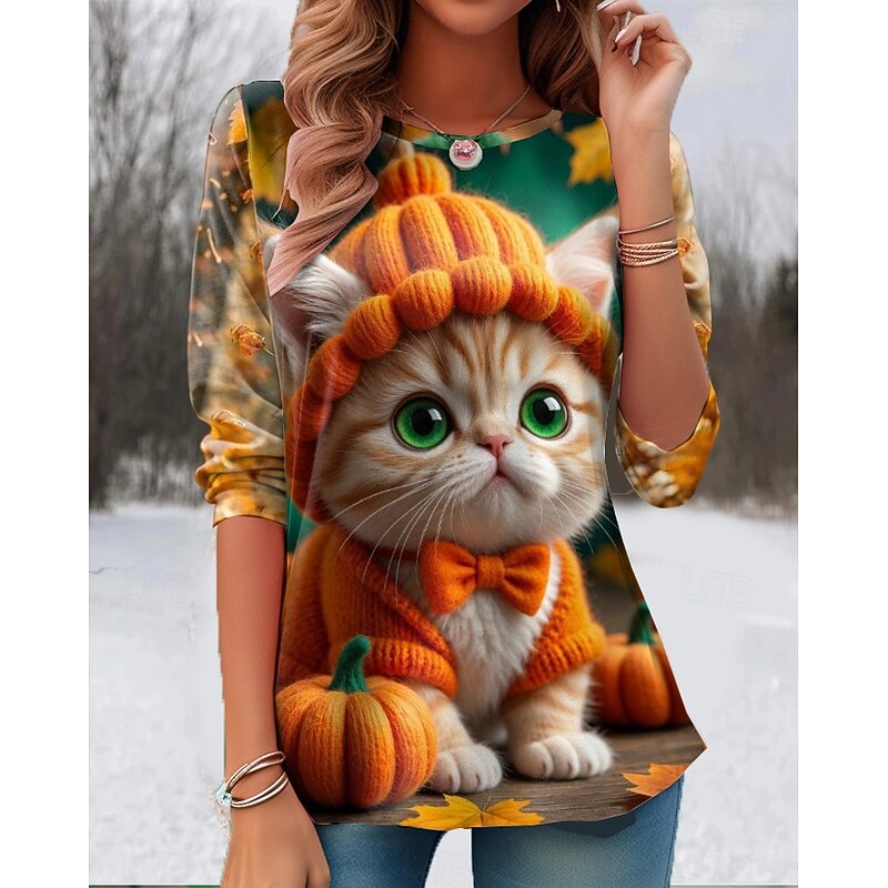 Easter Women's T Shirt Graphic Animal Cat Vintage Stylish Classic Long Sleeve Crew Neck Round Neck Regular Tops Daily Print Light Brown Orange Green Summer Spring Fall3