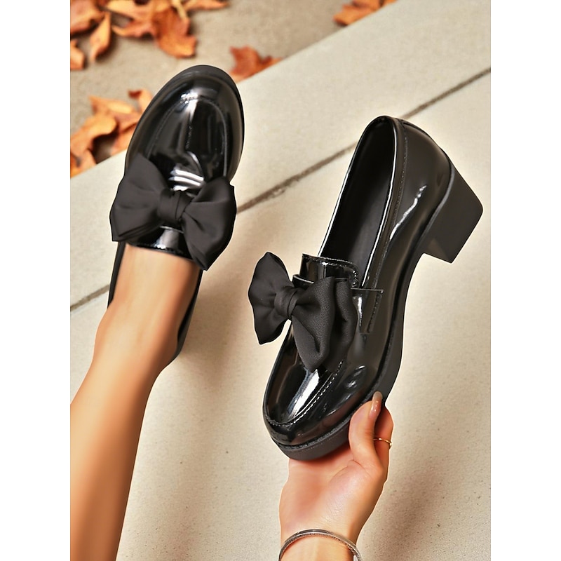 Women's Patent Faux Leather Chunky Heel Loafers with Oversized Bow – Retro Style Dress Shoes for Outdoor Casual Activities and Daily Streetwear3