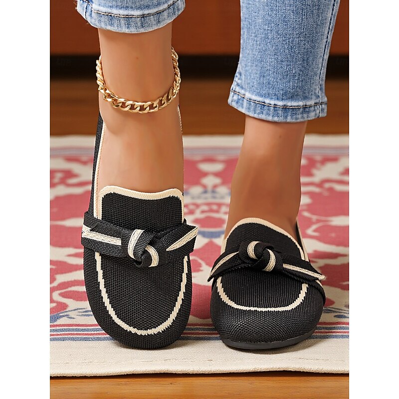 Women's Wide Width Flyknit Loafers with Knotted Bow – Casual Comfort Flat Shoes for Daily Wear and Travel2