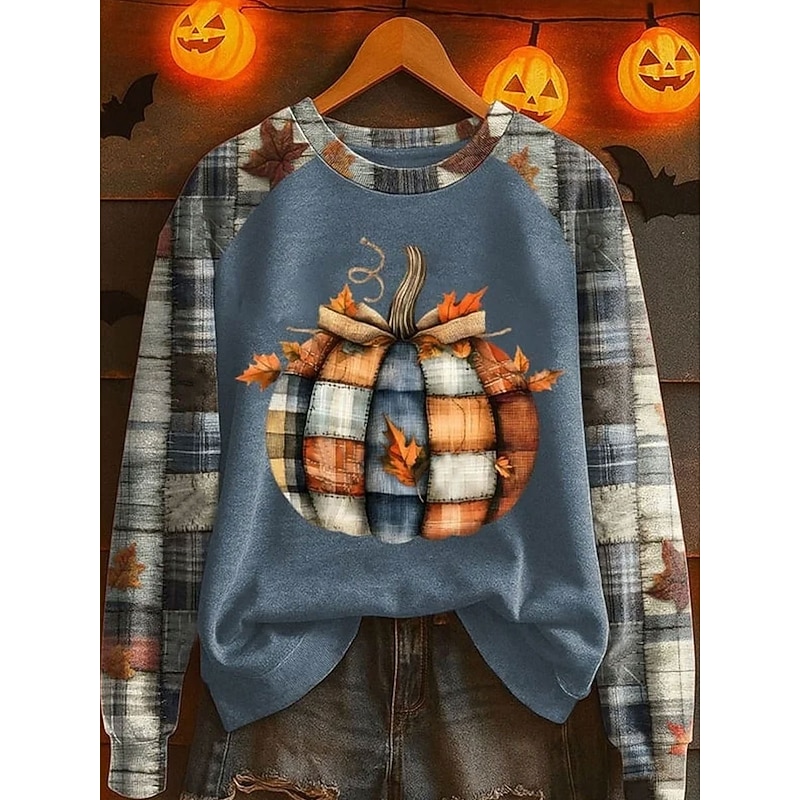 Women's Sweatshirts Graphic Plaid Pumpkin Casual Long Sleeve Crew Neck Regular Tops Casual Patchwork White Blue Orange Gray Fall3