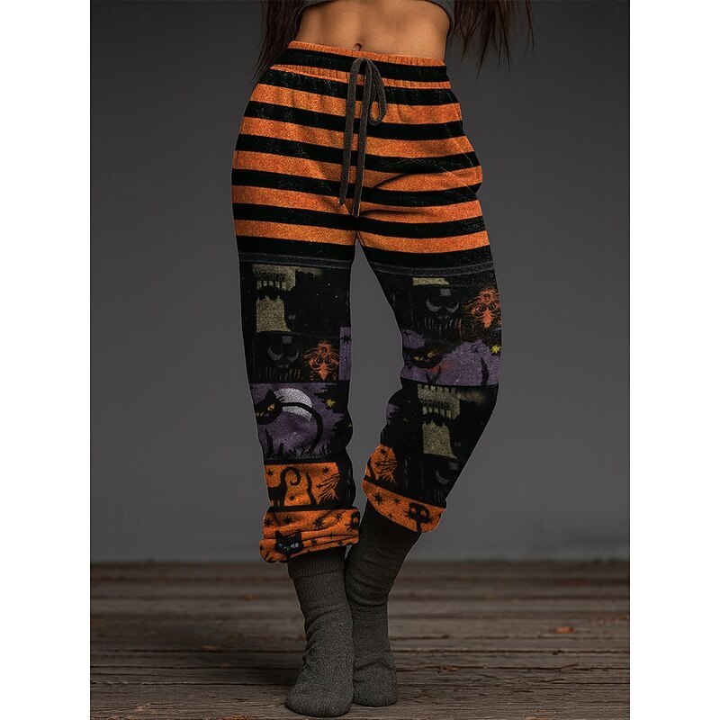 Women's Skinny Joggers Vacation Vintage Fashion Ankle-Length High WaistPantsHalloween Animal Cat Halloween Drawstring Patchwork Elastic Waistband Stretchy Formal Vacation Street Light Gray Dark Grey