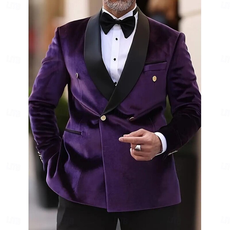 Men's Blazer Jacket Shawl Collar Fashion Solid Colored Blazer Purple Tailored Fit Double Breasted Four-buttons