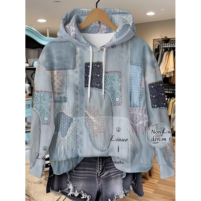 Women's Pullover Hoodie Sweatshirt Graphic Geometric Punk Active Vintage Long Sleeve Hooded Regular Tops Street Dailywear Patchwork Print Front Pocket Denim Blue Light Blue Spring Fall Winter