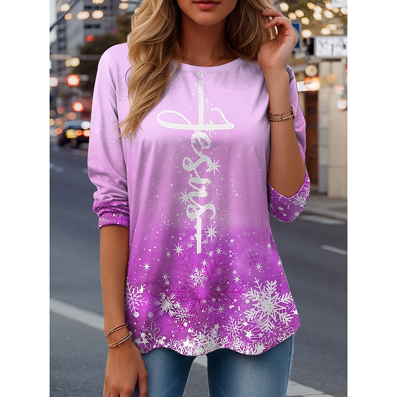 Women's T Shirt Ombre Graphic Snowflake Vintage Fashion Stylish Long Sleeve Crew Neck Regular Tops Daily Weekend Print Pink Blue Purple Green Spring Fall Winter3