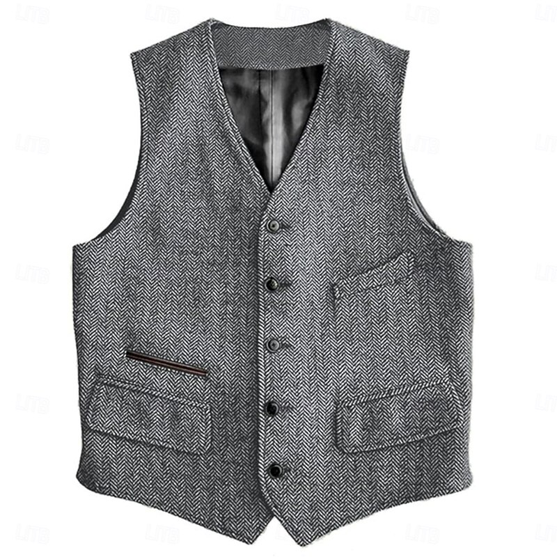 Men's Tweed Vest Waistcoat Formal Wedding Vacation Business Punk Vintage Spring Fall Pocket Buttons Polyester Comfortable Herringbone Single Breasted V Neck Slim Fit Black Wine Navy Blue Brown Vest2
