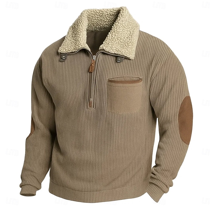 Men's Sweatshirt Corduroy Pullover Hoodie Sweatshirt Pullover Fleece Hoodie Black Wine Army Green Navy Blue Khaki Hooded Standing Collar Lapel Plain Patchwork Sports & Outdoor Casual Daily Streetwear2