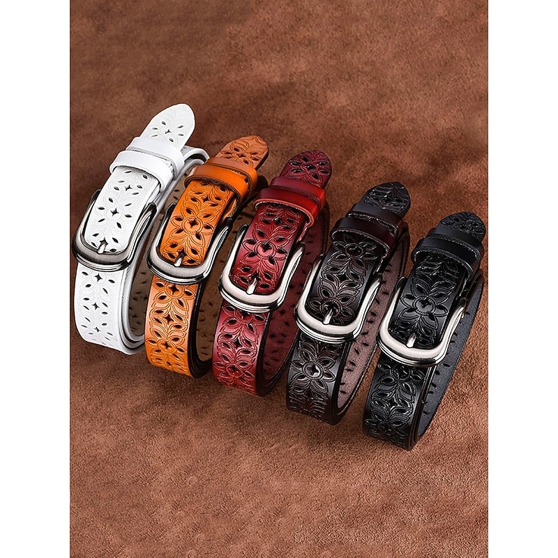 Women's Genuine Leather Belt – Vintage Floral Carved Design with Metal Buckle, Retro Waist Accessory for Jeans, Dresses & Casual Outfits2