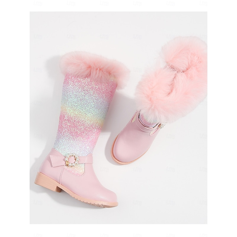 Girl's Rainbow Glitter Knee High Boots with Faux Fur Trim and Pearl Buckle -Sparkly Winter Shoes for Kids Party and Holiday Outfits3