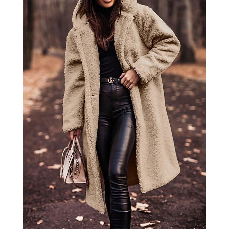 Women's Winter Coat Fleece Jacket Warm Comfortable Pocket Buttons Fashion Casual Plain Vacation Street Casual Daily Wear Single Breasted Long Hooded Regular Fit Long Sleeve Outerwear Apricot Fall