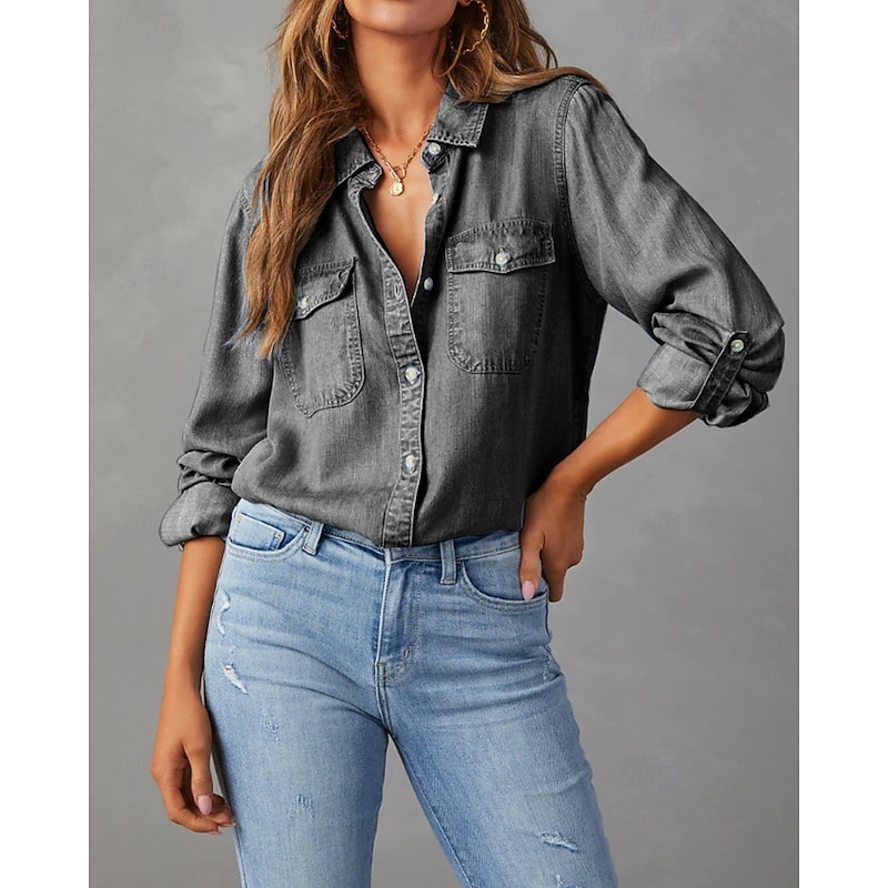 Women's Shirt Blouse Plain Casual Long Sleeve Shirt Collar Regular Tops Daily Holiday Going out Pocket Buttons Dark Gray Spring Fall2