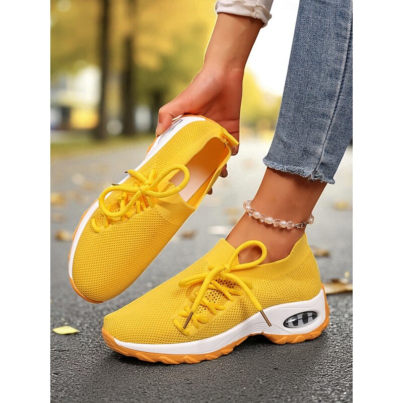 Women's Yellow Flyknit Sneakers – Lightweight Breathable Slip-On Running Shoes with Cushion Sole for Walking, Gym and Casual Wear2