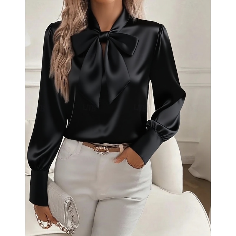 Women's Elegant Dressy Satin Blouse Solid Color Elegant Long Sleeve Tie Neck Regular Tops Bow Black White Pink Khaki Fall
