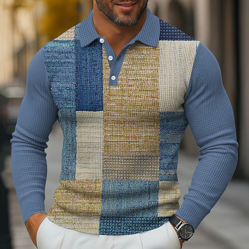 Men's Color Block Waffle Polo Shirts Long Sleeve Polo Shirts Collared Shirts Business Casual Business Wear to work Daily Wear 3D Print Buttons Spring Fall Winter Blue 1 Blue 3# Blue 2#3