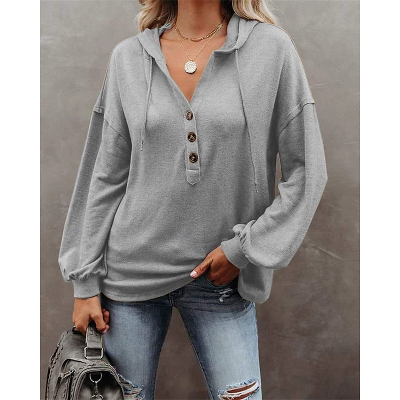 Women's Pullover Hoodie Sweatshirt Plain Sports Fashion Casual Long Sleeve Hooded Regular Tops Street Dailywear Buttons Gray Fall Winter