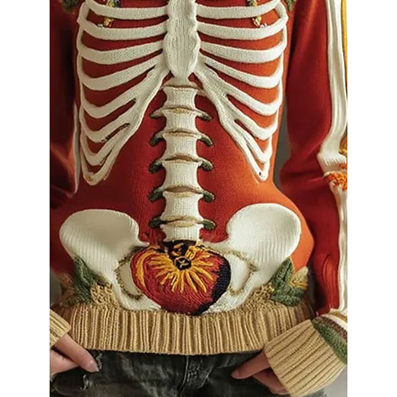 Halloween Women's Sweater Skeleton  Cute Streetwear Casual Graphic Skeleton Crew Neck Patchwork Knitted Long Sleeve Regular Tops KnitOrange Fall Winter3
