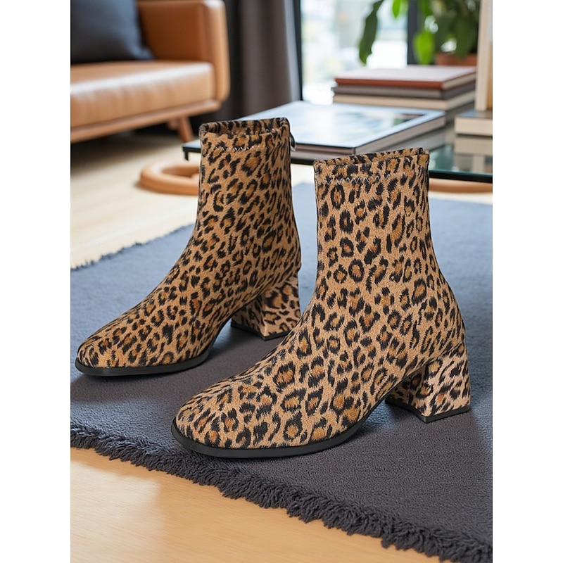 Women's Leopard Print Ankle Boots with Block Heel -Trendy Animal Print Fashion Short Boots for Casual and Party Wear