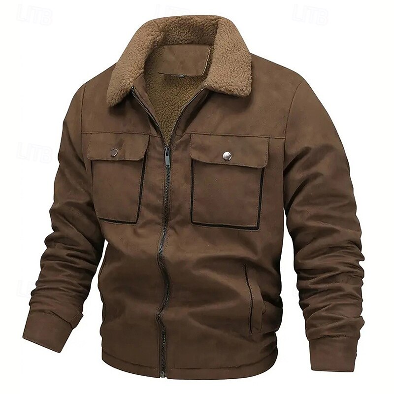 Men's Faux Suede Jacket Winter Jacket Fleece Jacket Casual Jacket Vacation Daily Thermal Warm Pocket Fleece Fall Winter Plain Fashion Streetwear Lapel Regular Black Coffee Gray Jacket3