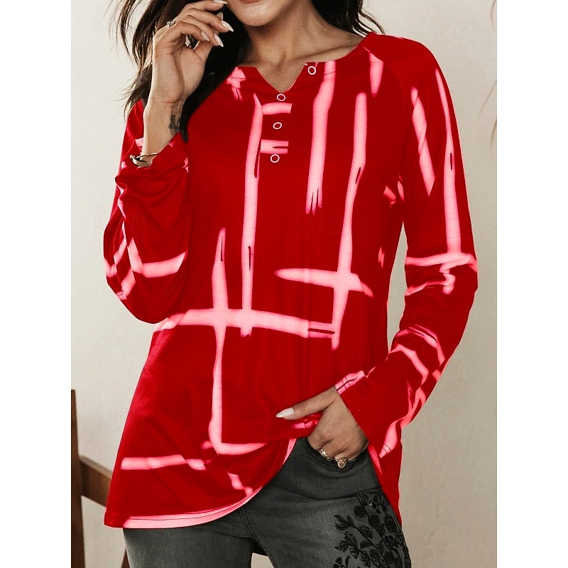 Women's T Shirt Plaid Basic Long Sleeve Flutter Sleeve V Neck Long Tops Daily Sports Buttons Black White Red Fall Winter4