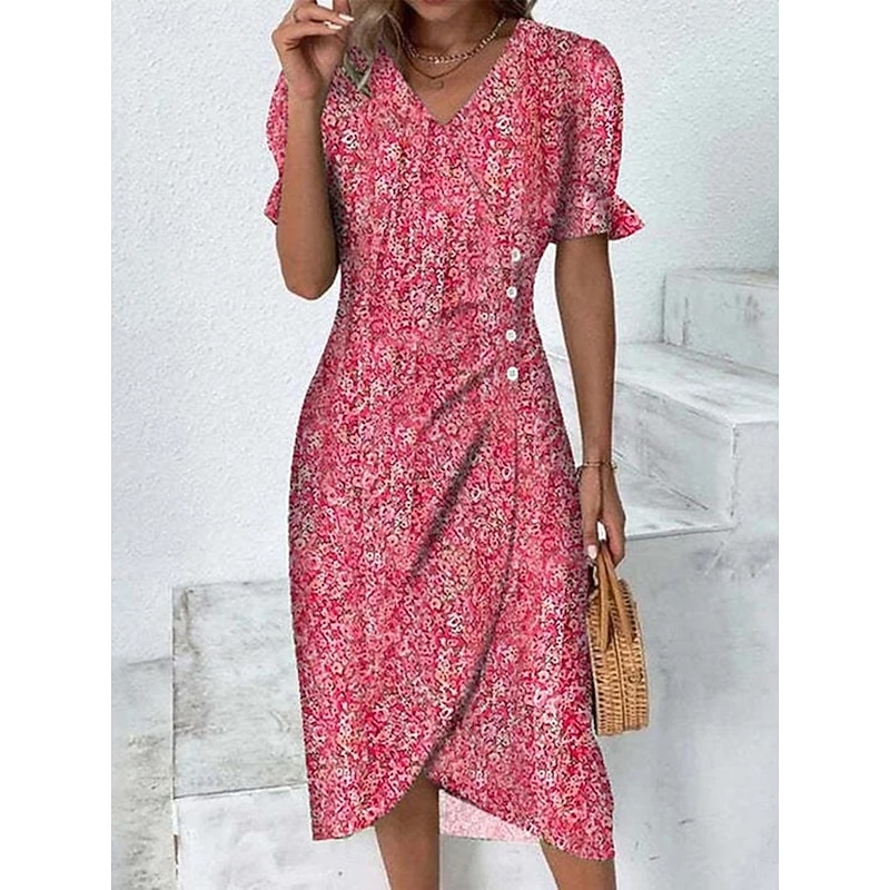 Women's Midi Dress Sheath Dress Wrap Dress Casual Daily Holiday Regular Fit Floral Graphic Short Sleeve V Neck Pink Red Gold Summer Spring Fall
