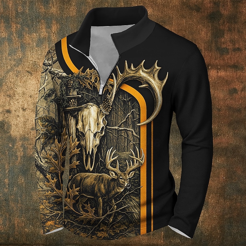 Men's Deer Sweatshirt Hunting Zip Outdoor Sports Outdoor Black Green Fall All Seasons Designer