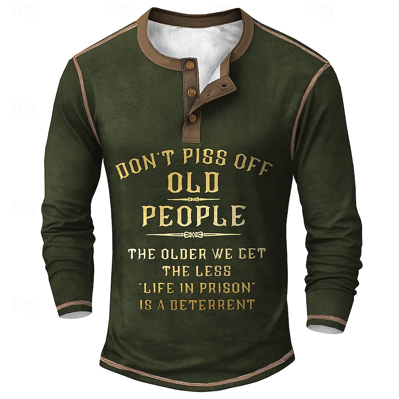 Men's Vintage Funny Slang Henley Shirt Tee Long Sleeve Vintage Fashion Designer Outdoor Casual Daily Spring Spring &  Fall Army Green Black Dark Purple Navy Blue Henley Collar Henley Henley T-Shirt