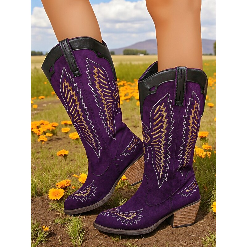Women's Purple Western Cowboy Boots with Embroidered, Farm Style Mid-Calf Boots with Block Heel for Country, Rodeo and Casual Wear4