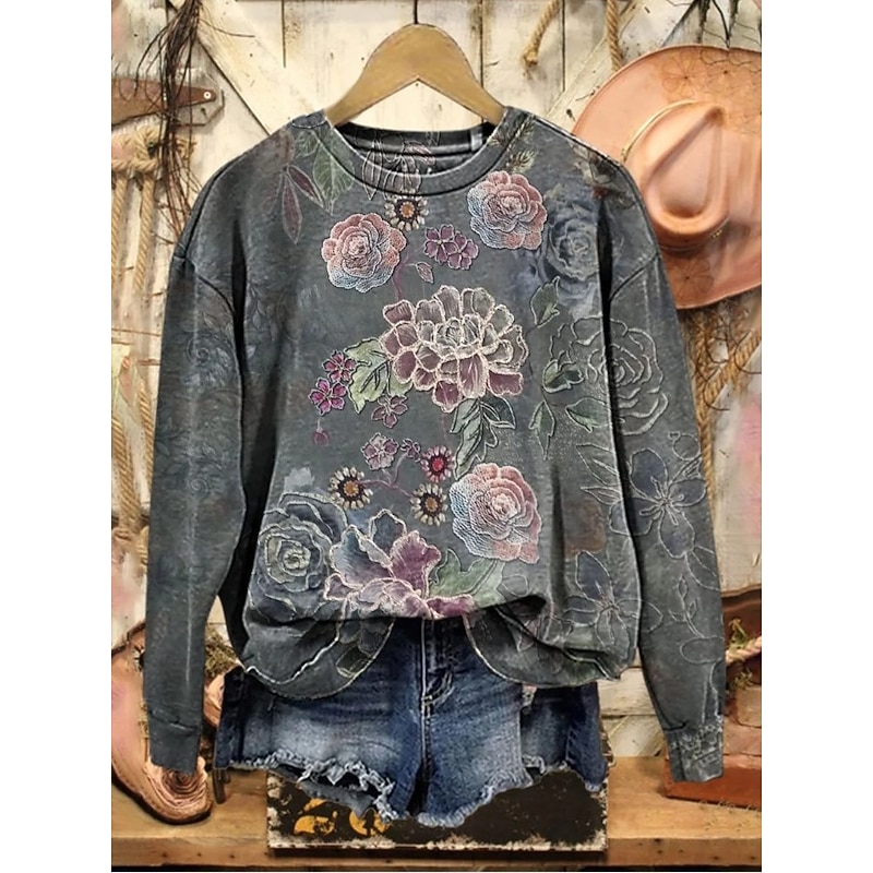 Women's Pullover Sweatshirt Floral Graphic Fashion Casual Long Sleeve Crew Neck Regular Tops Street Dailywear Casual Print Blue Purple Dark Gray Gray Fall Winter