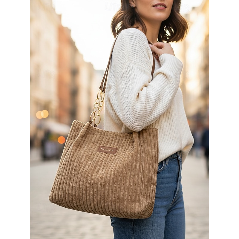 Women's Corduroy Tote Shoulder Bag with Leather Straps, Casual Large Capacity Handbag for Shopping, Travel, Work and Daily Use4