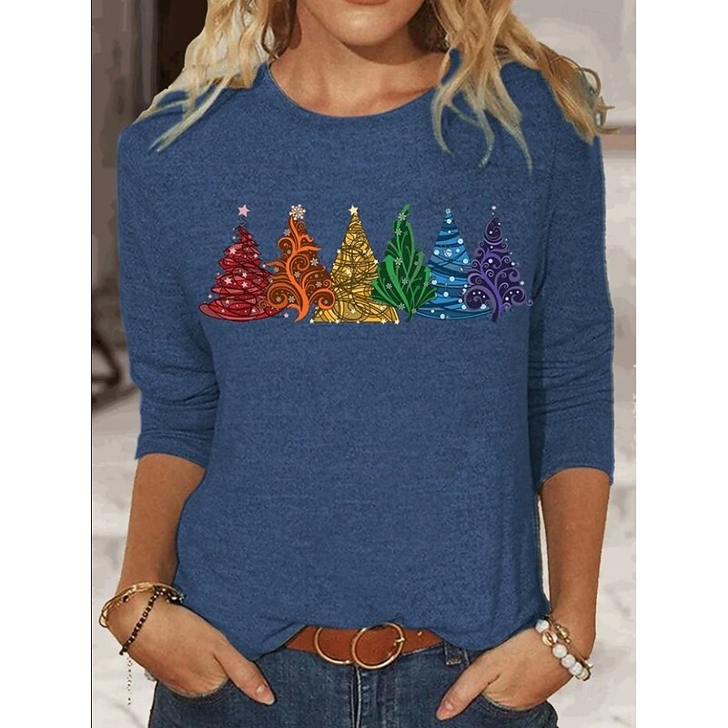 Christmas Women's T Shirt Graphic Christmas Tree Vintage Fashion Stylish Long Sleeve Crew Neck Round Neck Regular Tops Daily Weekend Print Black Red Blue Green Khaki Spring Fall Winter4