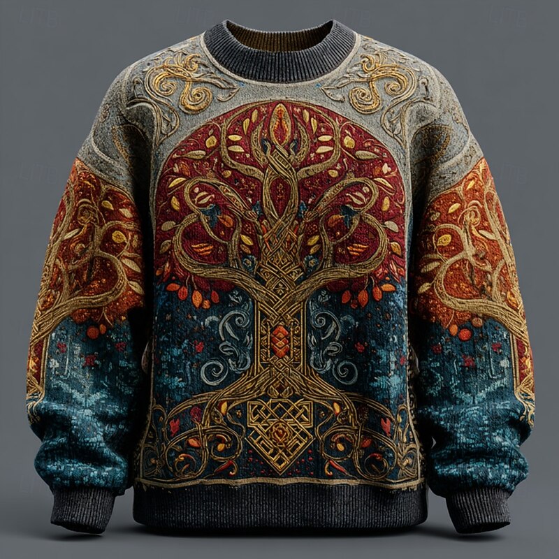 Men's Viking Tree Of Life Pullover Sweater Jumper Knitwear Crewneck Retro Vintage Casual Vacation Street Daily 3D Print Knitting Keep Warm Long Sleeve Fall Winter Blue Brown2
