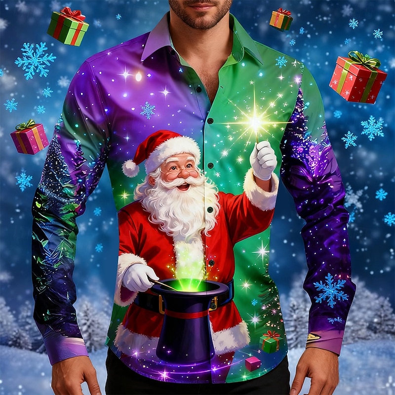 Christmas Men's Santa Claus Christmas Tree Christmas Light Shirt Button Up Shirt Long Sleeve Funny Outdoor Holiday Spring Fall Turndown 3D Print Collared Shirts Purple