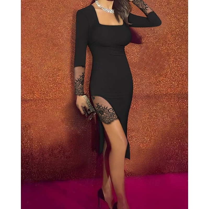 Women's Midi Dress Sequin Dress Party Dress Cocktail Dress Wrap Dress Elegant Fashion Party Special Occasion Evening Party Regular Fit Plain Long Sleeve Square Neck Black Pink Wine Blue Spring Fall4