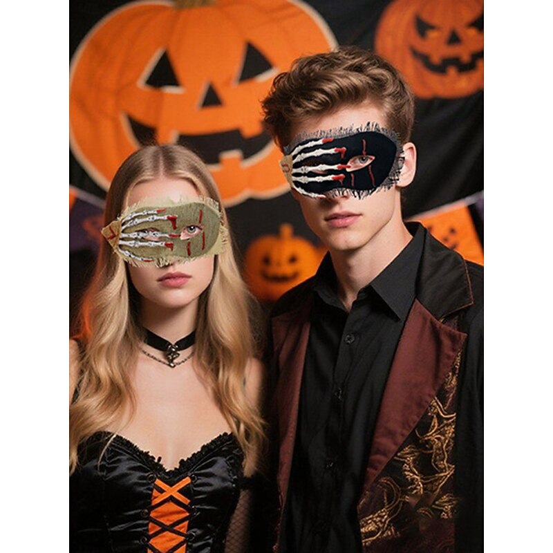 Women's Skull Hand Linen Mask with Horror Skeleton Print, Creepy Gothic Style Costume Accessory for Halloween Parties and Masquerade Balls4