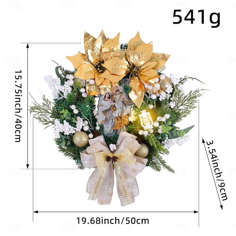 Christmas Wreath for Front Door Nativity Indoor & Outdoor Decoration, LED Gold Lantern Wreath, Illuminated Christian Holiday Flower Garland for Window, Wall, Door Display3