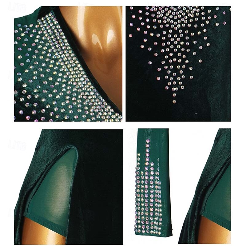 Women's Performance Long Sleeve Velvet Tassels Latin Salsa Dance Dress Competition Dress3