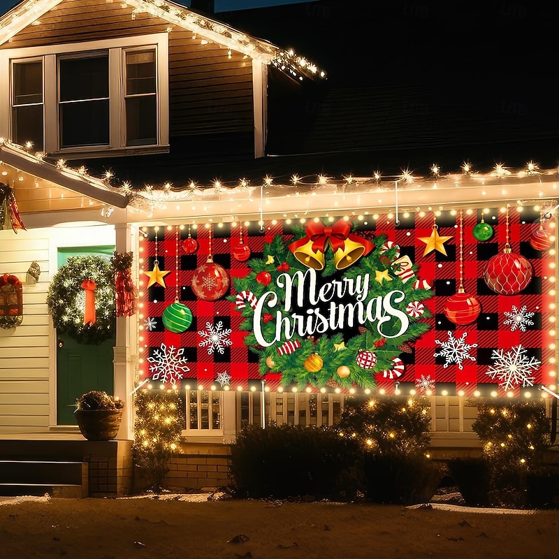 Christmas Outdoor Garage Door Cover Merry Christmas Wreath Bell Snowflake Candy Large Tapestry Backdrop Holiday Party Wall Decoration For Outdoor Garage Door Home Festival Celebration Decor3