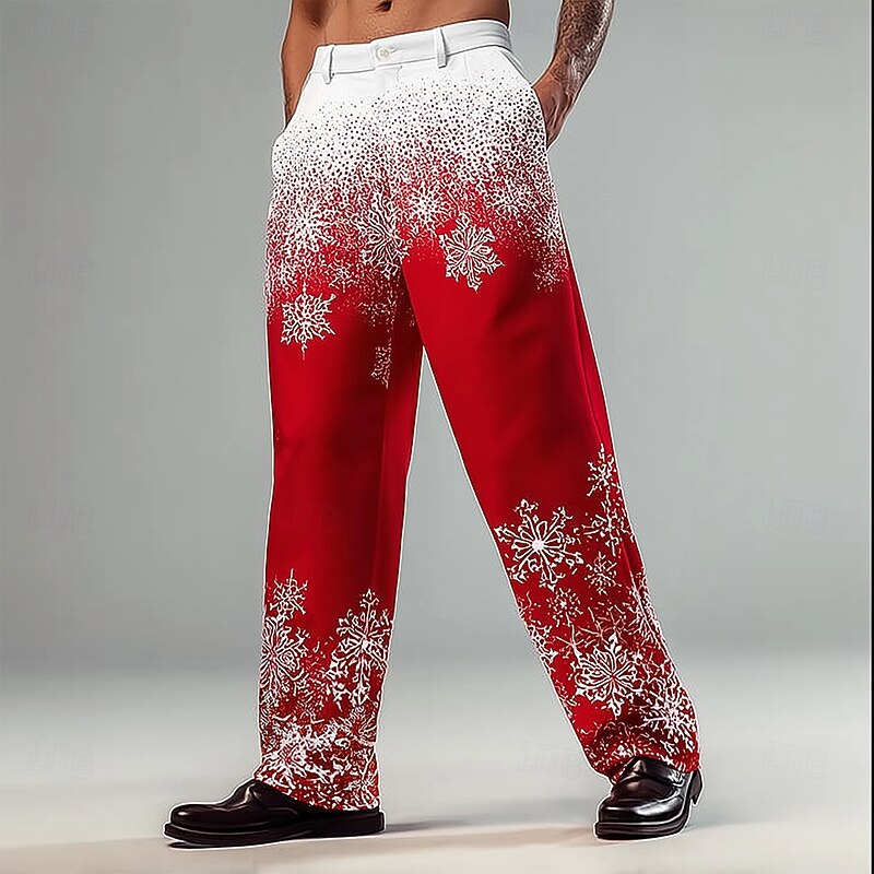 Christmas Men's Snowflake Christmas Costume Trousers Dress Pants Suit Pants Mid Waist Casual Dailywear Holiday Streetwear Relaxed Fit Flat Front Dress Pants with Side Pockets Spring Fall 3D Print Red