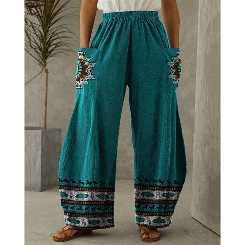Women's Wide Leg Pants Trousers Vacation Vintage Ethnic Style Full Length High Waist Graphic Pocket Elastic Waistband Print Comfy Breathability Inelastic Vacation Casual Daily Peacock Blue Summer