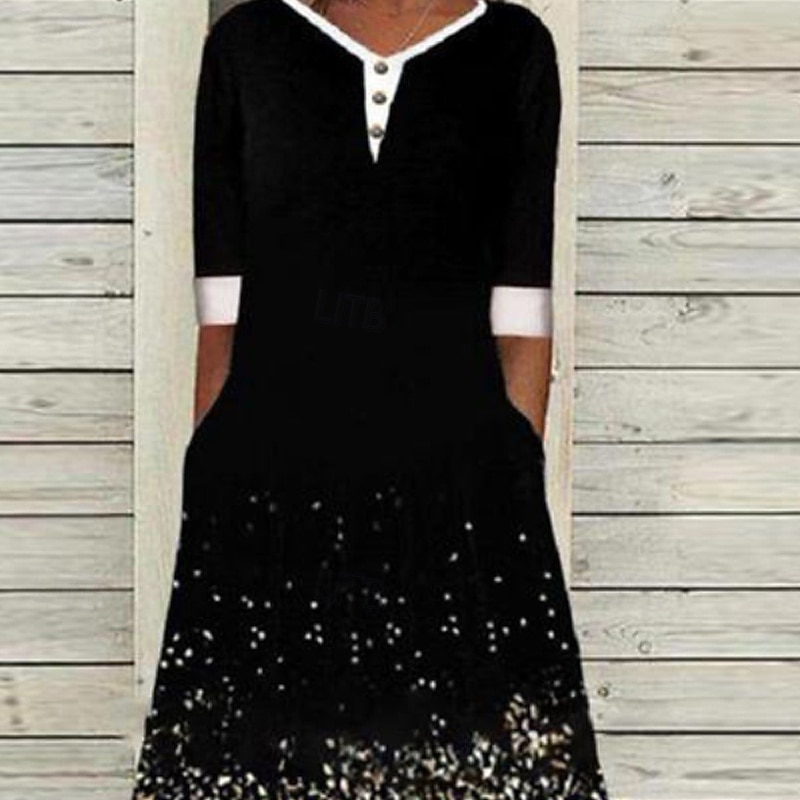 Women's Midi Dress Black Dress Cocktail Dress Formal Dress Print Dress Modern Outdoor Going out Weekend Regular Fit Color Gradient 3/4 Length Sleeve V Neck Black And White Black Spring Fall2