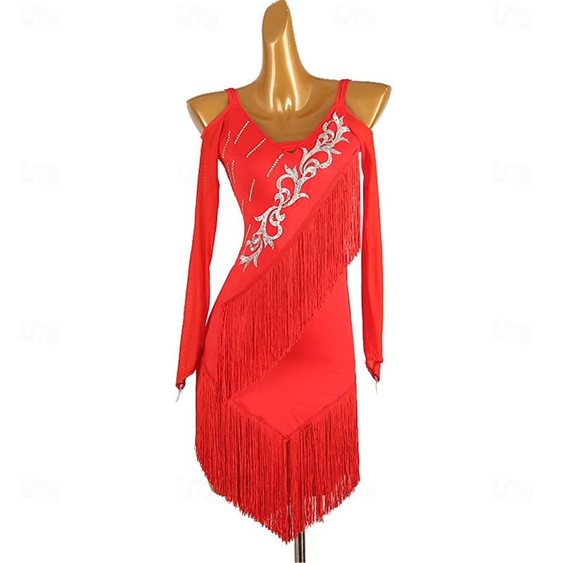 Women's Long Sleeve Tassel DanceWear Dance Dress Performance Wear4