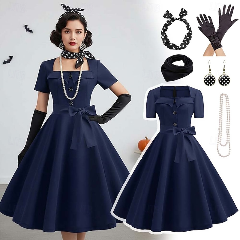 Retro Vintage 1950s Grease Outfits A-Line Dress Swing Dress Flare Dress Fancy Dress Women's Halloween Carnival New Year Masquerade Retro Theme Party Adults' Dress More Accessories