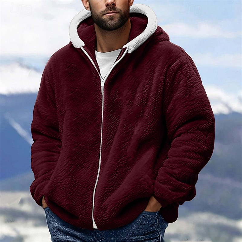Men's Hoodie Full Zip Hoodie Fleece Jacket Black Wine Blue Purple Khaki Hooded Plain Pocket Sports & Outdoor Daily Holiday Polyester Streetwear Basic Casual Fall Winter Clothing Apparel Hoodies4